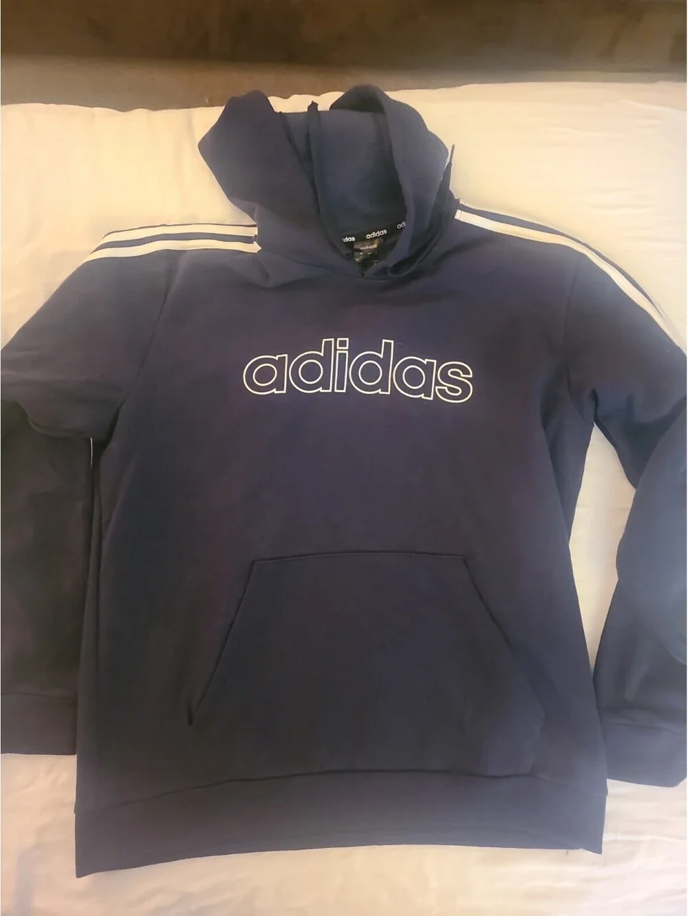 Adidas Hoodie Men Dark Navy 3 Stripe Logo Pullover Sweatshirt Large